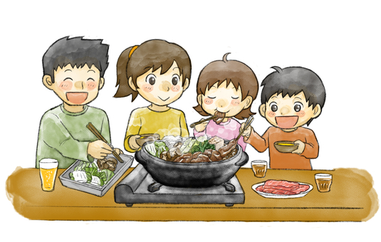 すき焼きを食べる家族 すき焼き,牛肉,家族,鍋,団欒,冬,ビール,お父さん,お母さん,子供のイラスト素材