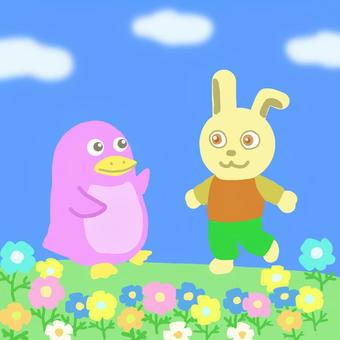 ペンギンさんとウサギさんの花畑 ペンギンさんとウサギさんの花畑 ペンギン,うさぎ,動物,花畑,青空のイラスト素材