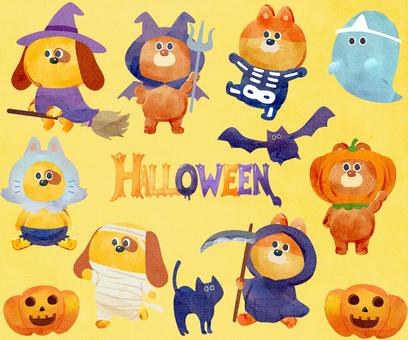 水彩画_ハロウィンmixセット_03 熊,猫,犬,動物,手描き,水彩画,水彩,水彩風,水彩画風,あしらいのイラスト素材