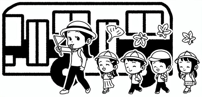 秋の遠足とバスの行列のモノクロ線画 先生,子ども,遠足,秋の遠足,秋,バス,行事,学校,幼稚園,保育園のイラスト素材
