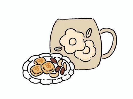 ナチュラルな食器とおやつ ナッツ,クッキー,お皿,コップ,おやつ,お菓子,ティータイム,スイーツ,飲み物,食べ物のイラスト素材
