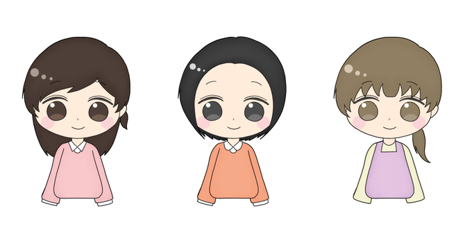 バストアップの女性イラスト 女性,主婦,学生,笑う,ニコリ,エプロン,ハーフアップ,ショートカット,ポニーテールのイラスト素材