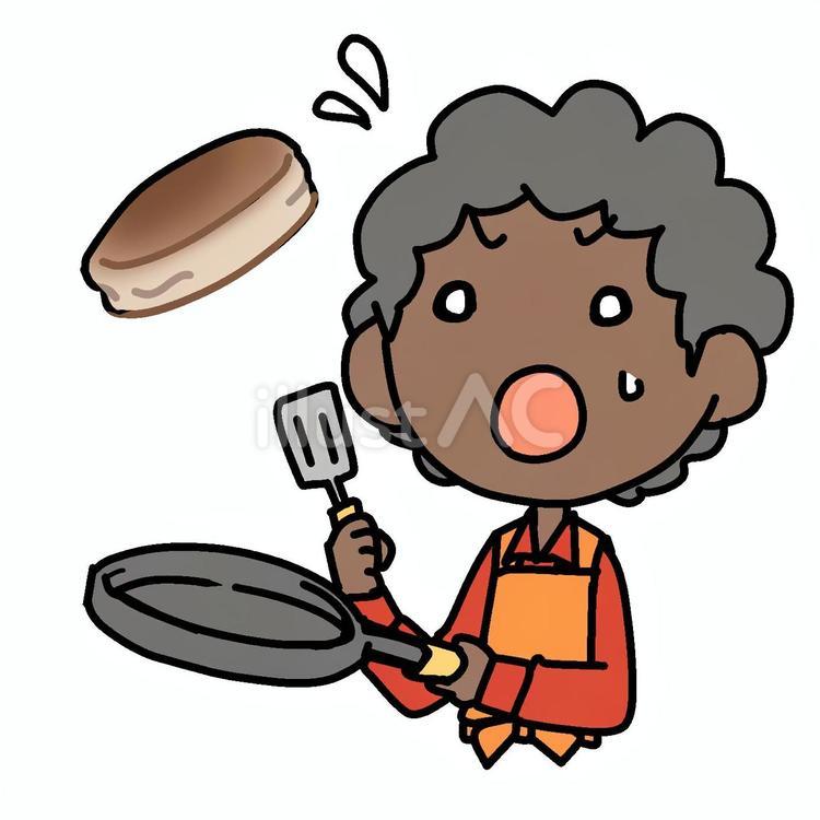 焦ってパンケーキを焼くアフロ男性 アフロ,パンケーキ,焦るのイラスト素材