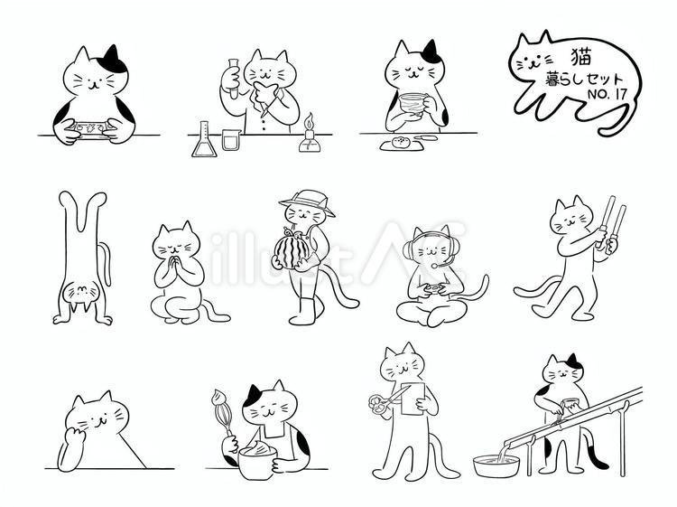  猫・暮らしセット　No.17（モノクロ） 猫,ポータブルゲーム機,携帯ゲーム機のイラスト素材