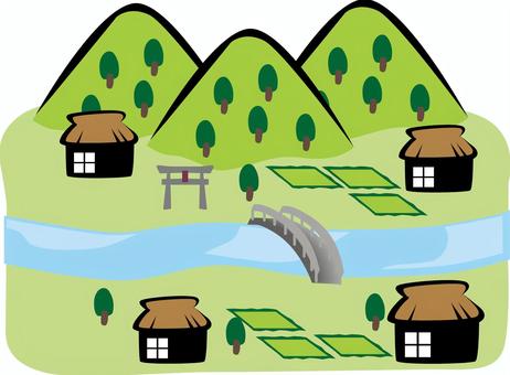 昔風景　 昔,日本,風景,川,山,民家,自然,地図,コミカルのイラスト素材