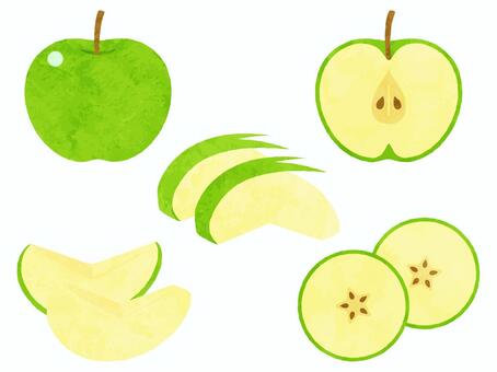 青リンゴ　イラストセット_水彩風 リンゴ,青リンゴ,果物,食べ物,断面,半分,くし切り,くし形,輪切り,スターカットのイラスト素材