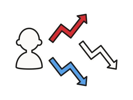 人物と引き上げ引き下げ　素材２ nisa,年齢,引き上げ,引き下げ,上向き,下向き,上方向,下方向,アップ,ダウンのイラスト素材