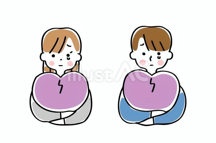 割れたハートを持つ悲しい表情の男女 ハート,心,メンタルのイラスト素材
