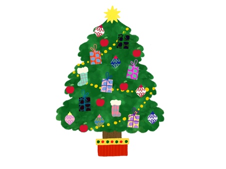 クリスマスツリーC 12月,december,クリスマス,冬,年末,季節,行事,ポイント,手描き,手描き風のイラスト素材