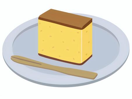 グレーの皿に載ったカステラ　白背景 カステラ,お菓子,スイーツ,おやつ,甘い,美味しい,焼き菓子,食べ物,皿,お茶菓子のイラスト素材
