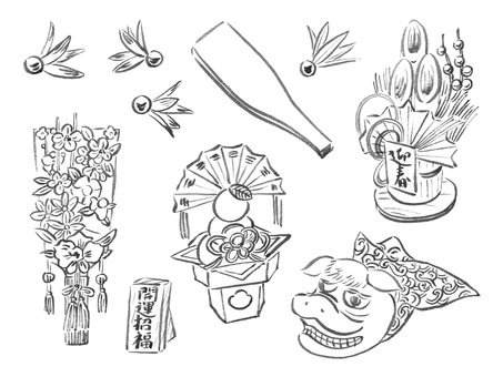 お正月素材(黒) お正月素材(黒) お正月,お正月素材,墨,手描き,筆,筆ペン,羽子板,羽,門松,お飾りのイラスト素材