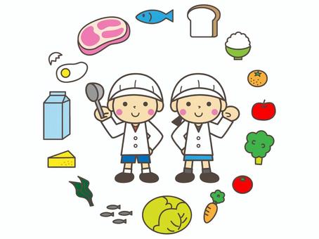 食べ物と給食当番の子供 食べ物と給食当番の子供 給食当番,給食,食育,白衣,栄養,食べ物,ミネラル,タンパク質,炭水化物,ビタミンのイラスト素材