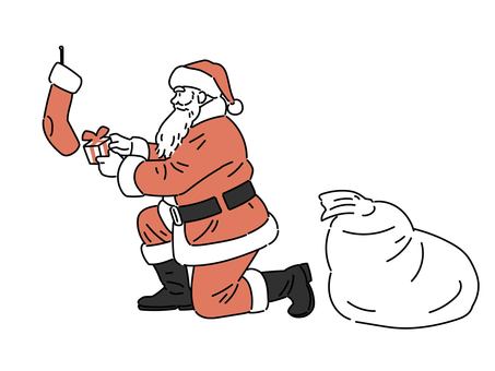 靴下にプレゼントを入れるサンタクロース サンタ,クリスマス,全身,コスチューム,サンタクロース,クリスマスイブ,靴下,プレゼント,ギフト,イベントのイラスト素材