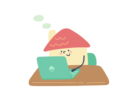 お家（PC） 家,pc,パソコン,作業,申し込み,検索,調べる,仕事,戸建て,建物のイラスト素材