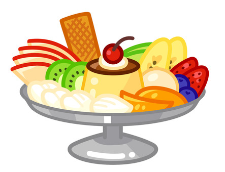 プリンアラモードのイラスト プリンアラモード,プリン,デザート,おやつ,喫茶店メニュー,フルーツ,果物,食品,クリーム,いちごのイラスト素材