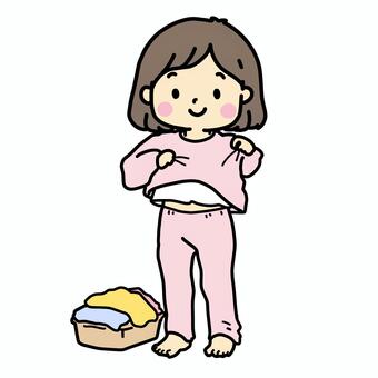 ひとりでお着替えする女の子 着替え,お着替え,ひとりで,女の子,子供,子ども,幼児,保育,幼稚園,保育園のイラスト素材