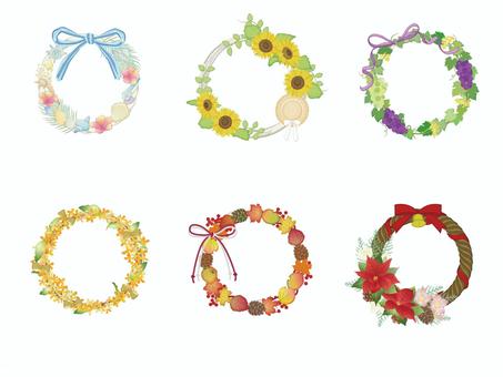 季節のリースフレームD/文字なし リース,フレーム,枠,月,季節,花,飾り,貝殻,ハイビスカス,マリンテイストのイラスト素材