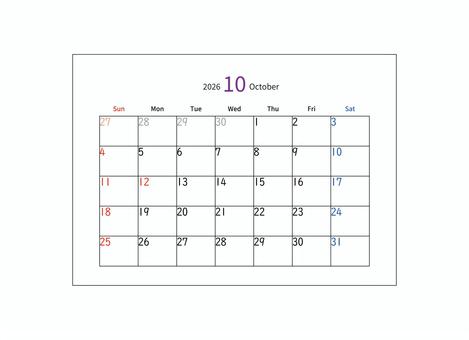 カレンダー　10月　2026 カレンダー,10月,october,2026年,令和8年,月間カレンダー,卓上カレンダー,シンプル,曜日,日付のイラスト素材