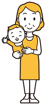 エプロンおばちゃん(黄)-070-全身 抱っこ,おばちゃん,エプロン,お母さん,ママ,中年,おばさん,主婦,人物,かわいいのイラスト素材