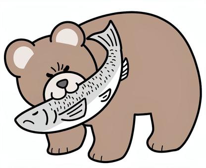 鮭をくわえた熊 鮭,熊,ベアー,動物,ほのぼの,肉食獣,獣,手描き,イラストのイラスト素材