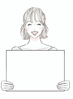 笑顔でボードを見せる女性 女性,メッセージ,ボード,お知らせ,笑顔,見せる,持つ,意見,主張,綺麗のイラスト素材