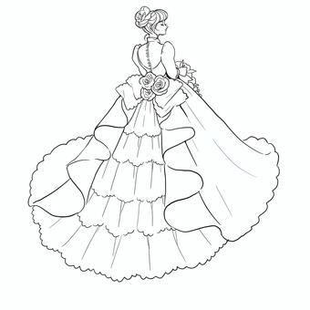 クラシカルなウェディングドレスの線画 ウェディングドレス,花嫁,ブライダル,線画,白黒,透過,綺麗,女性,おしゃれ,かわいいのイラスト素材
