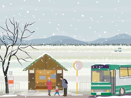 バス停お迎えイラスト 雪景色,田舎,バス,バス停,雪,田園,家族,お迎え,子供,地方のイラスト素材