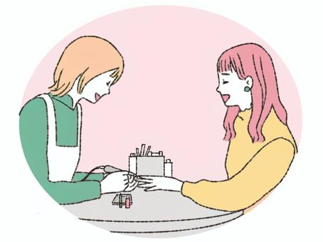ネイルサロンでネイルする女性 ネイルサロン,ネイル,女性,お客さま,ネイリスト,女の人,二人,談笑,笑う,話すのイラスト素材