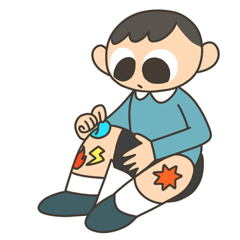 膝についたシールを取る男児 男児,子ども,男の子,シール,膝,はがす,遊びのイラスト素材