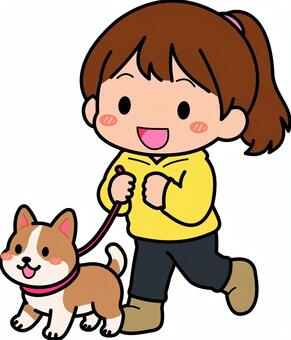 黄色の犬の散歩の女子です。 犬,散歩,シンプル,ペット,飼い主,リード,首輪,屋外,運動,歩行のイラスト素材