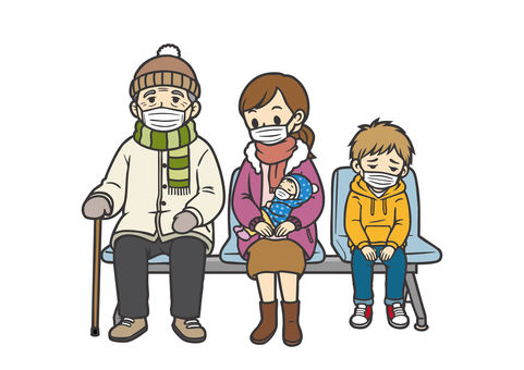 待合室-1-老人と母子と子供の病人 病院,クリニック,内科,小児科,待合室,医療,患者,病人,風邪,カゼのイラスト素材