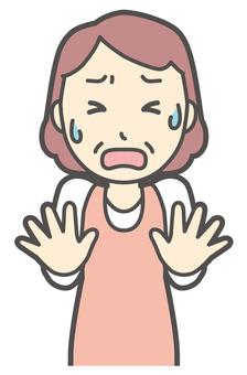  もうやめてとオロオロしているおばさん 怖がる,女性,人,人物,主婦,中年,シニア,エプロン,ママ,お母さんのイラスト素材