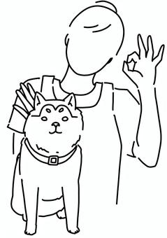柴犬と指で丸を作る女性　線画 柴犬,女性,ペットサロン,ペットシッター,丸,エプロン,線画のイラスト素材
