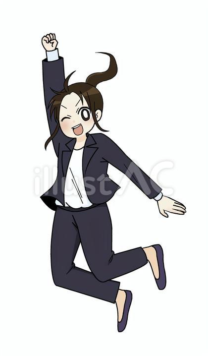 ジャンプするスーツの女性