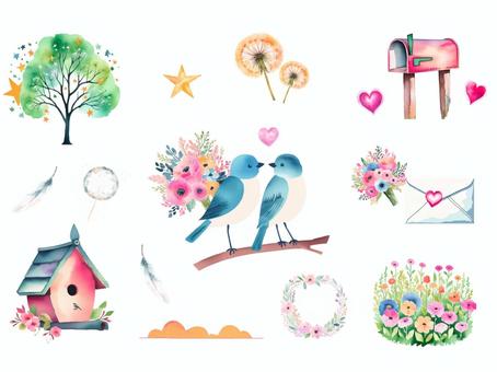 青い鳥とお花のセットイラスト(水色) 小鳥,青い鳥,かわいい,可愛い,木,花,自然,水彩,水彩風,たんぽぽのイラスト素材