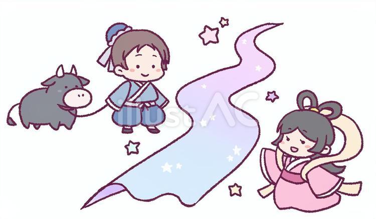 天の川をはさんだ織姫と彦星のイラスト 七夕,織姫,彦星のイラスト素材