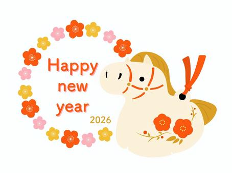 かわいい馬と花の和風な年賀状素材　1 午年,午,2026,2026年,馬,馬年,年賀状,お正月,１月,冬のイラスト素材