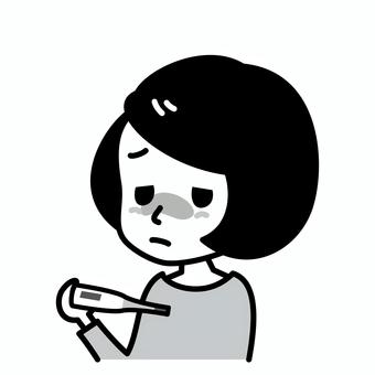 女性　発熱　白黒 女性,白黒,発熱,体温計,病気,体温,検温,若い,女の子,風邪のイラスト素材