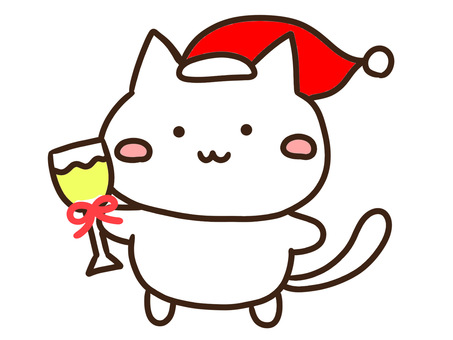 クリスマスにワインで乾杯するかわいいねこ クリスマス,メリークリスマス,サンタ帽子,ワイン,乾杯,クリスマスパーティー,ねこ,お酒,りぼん,記念のイラスト素材