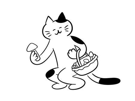 きのこ狩りをする猫（モノクロ） 猫,きのこ狩り,きのこ,菌類,秋,旬,バスケット,暮らし,かわいい,ゆるいのイラスト素材