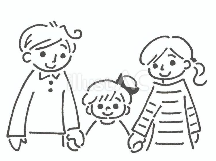手を繋いだ親子3人（女の子・白黒） 親子,手,繋ぐのイラスト素材