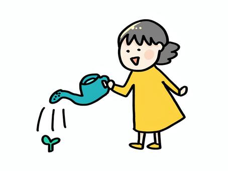女の子0017_水やり 水やり,若葉,ガーデニング,葉っぱ,じょうろ,女の子,黄色,シンプル,かわいい,育てるのイラスト素材