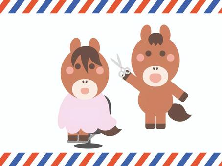 床屋で散髪する馬のイラスト 馬,午,サインポール,床屋,散髪,ハサミ,ヘアスタイル,髪型,理容室,美容院のイラスト素材
