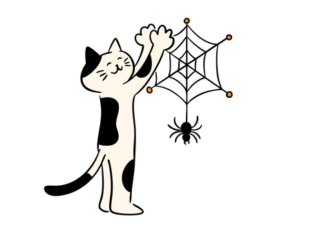 蜘蛛の巣を飾る猫（カラー） 猫,蜘蛛の巣,蜘蛛,不気味,ハロウィン,飾り,飾り付け,デコレーション,装飾,彫刻のイラスト素材