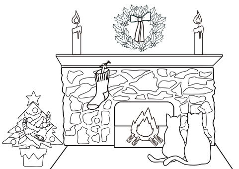 塗り絵・クリスマス・暖炉・ネコのカップル