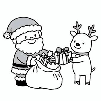 プレゼントの袋詰めをするサンタとトナカイ サンタクロース,トナカイ,動物,サンタ帽,プレゼント,クリスマスプレゼント,ギフトボックス,リボン,贈り物,準備のイラスト素材