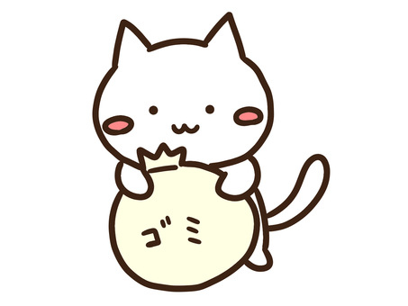 ゴミ袋を持ち帰って捨てるかわいい白ねこ ゴミ袋,ゴミ捨て,持ち帰る,ねこ,かわいい,手書き,ゆるい,シンプル,デフォルメ,全身のイラスト素材