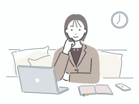 ソファで仕事をするスーツの女性 女性,人物,若い,大人,スーツ,会社員,パソコン,ノートパソコン,テレワーク,デスクワークのイラスト素材