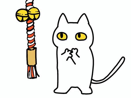 お参りする白猫 白猫,お参り,初詣,かわいい,ゆるい,キャラクター,新年,和風,シンプル,挿絵のイラスト素材