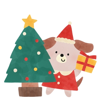 クリスマスツリーと犬 クリスマス,ツリー,犬,プレゼント,サンタ,服,帽子,冬,動物,絵本のイラスト素材
